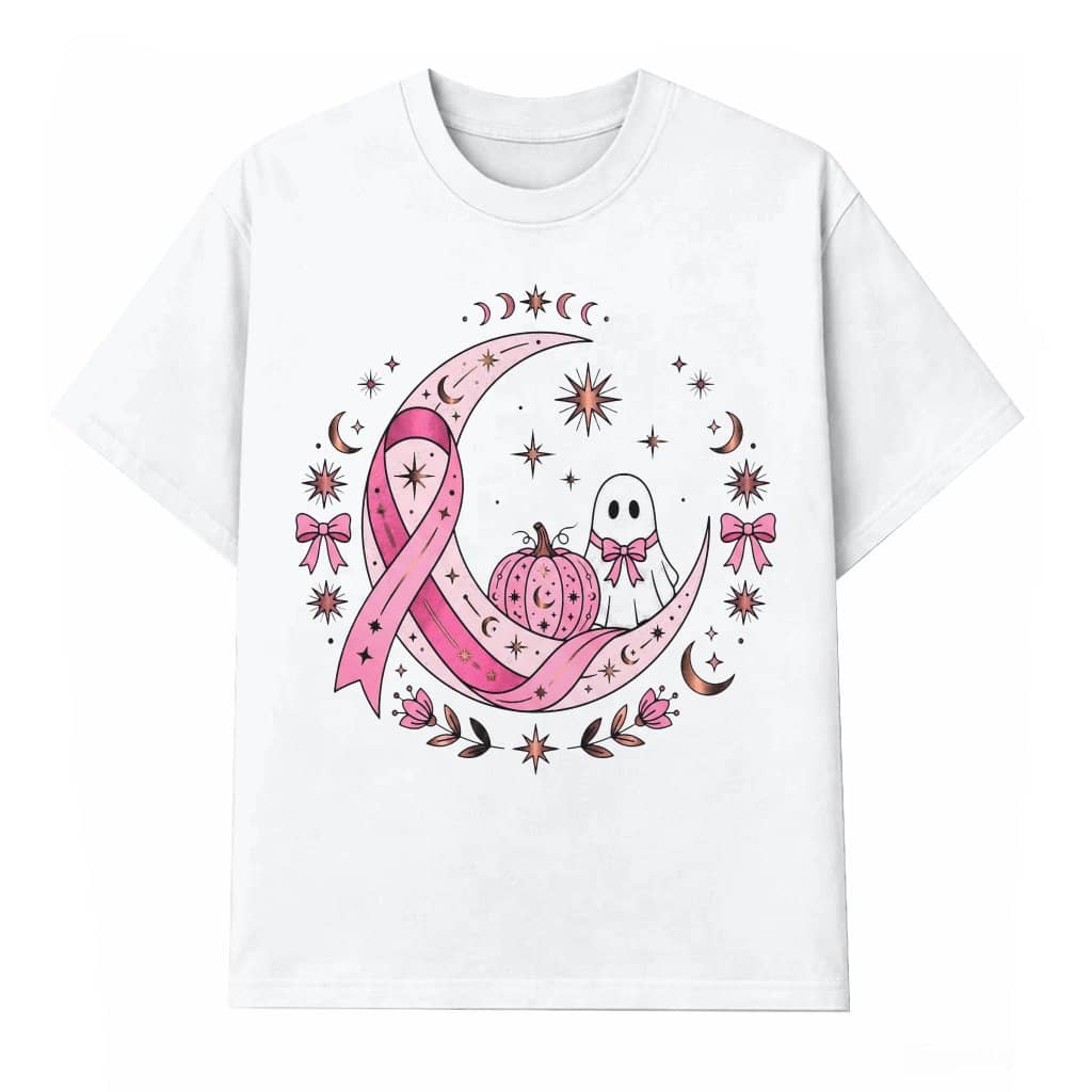 Cute Pink Ribbon Moon Spooky Ghost Halloween T-shirt| Breast Cancer Awareness Gift for Her
