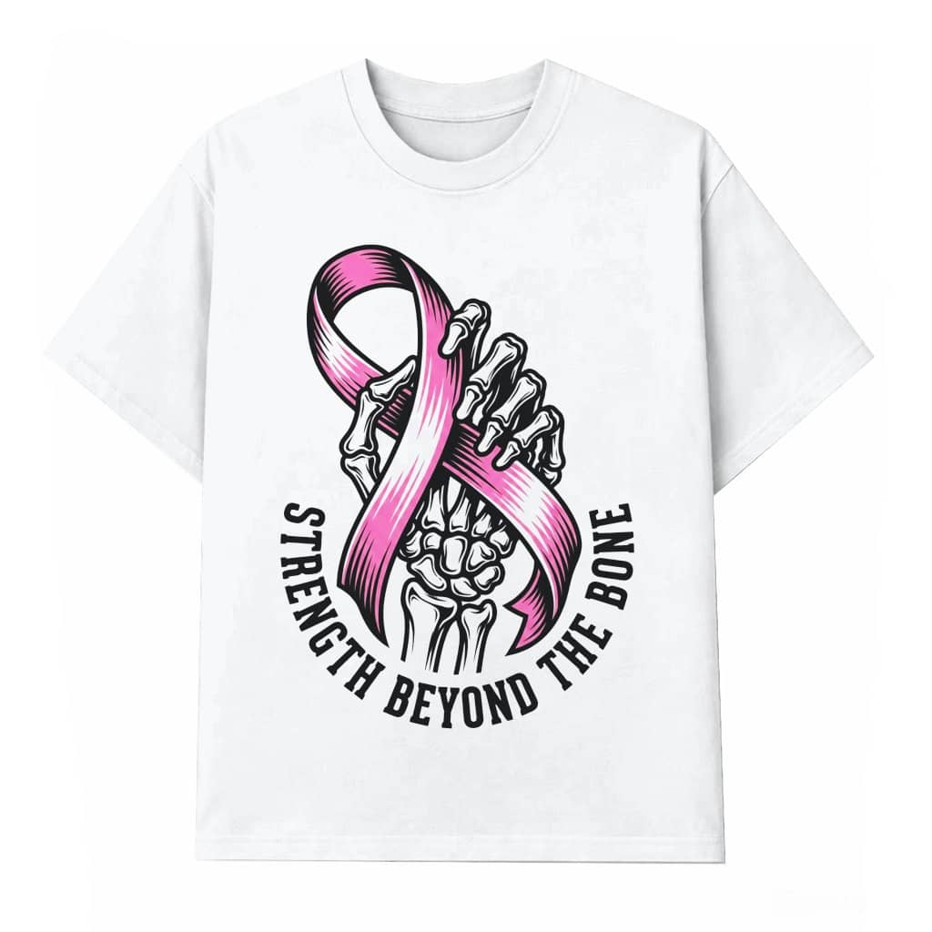Strength Beyond The Bone Breast Cancer Awareness T-shirt| Skeleton Hand Pink Ribbon Halloween Gift for Her