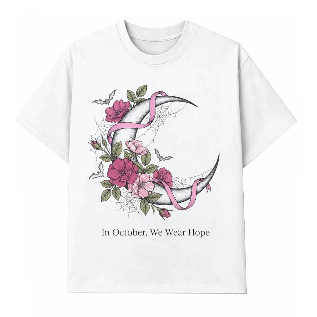 In October We Wear Hope Crescent Moon Floral Pink Ribbon T-shirt| Breast Cancer Awareness Gift for Her