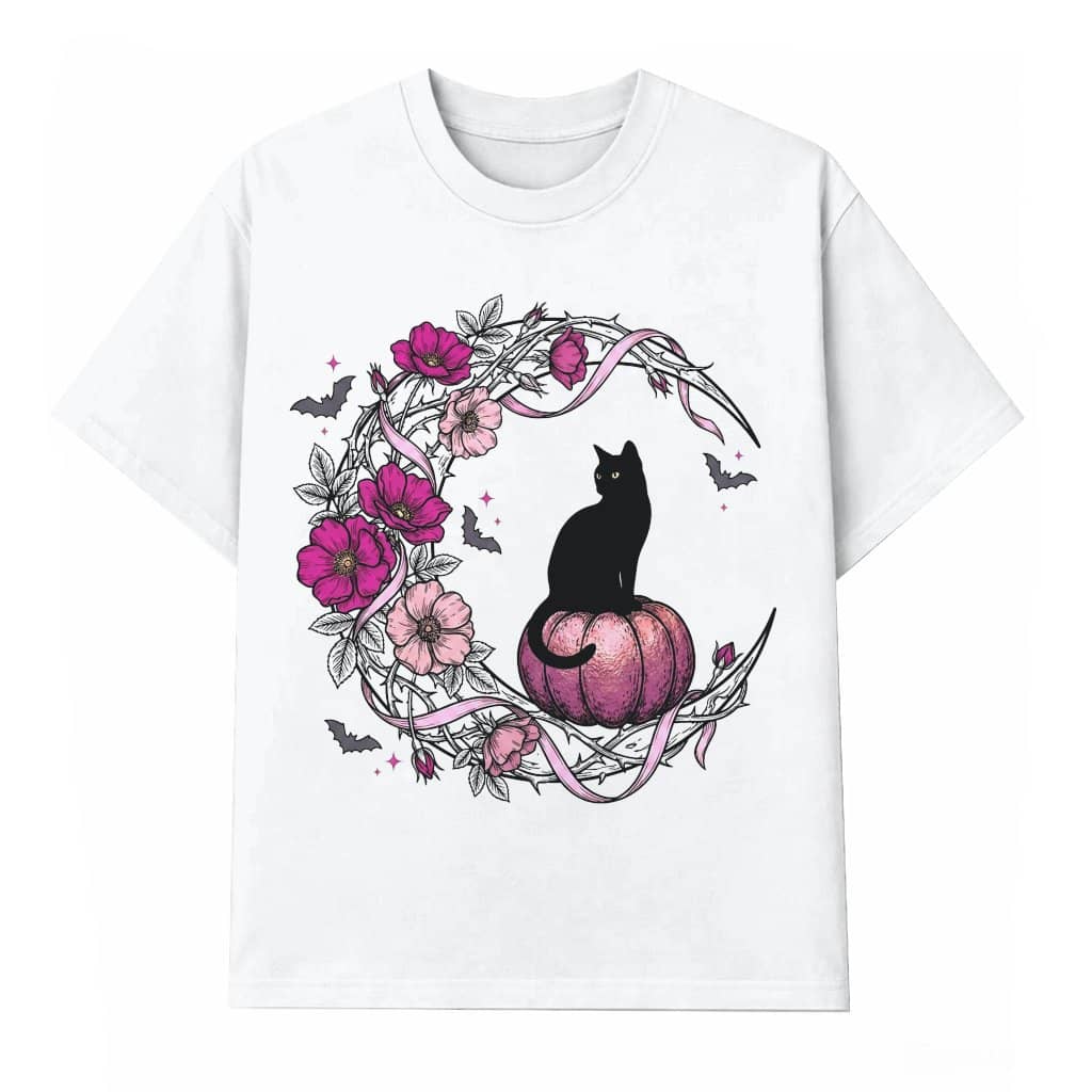 Black Cat Pink Pumpkin Breast Cancer Awareness Halloween T-shirt| Floral Moon Spooky Season Gift for Her