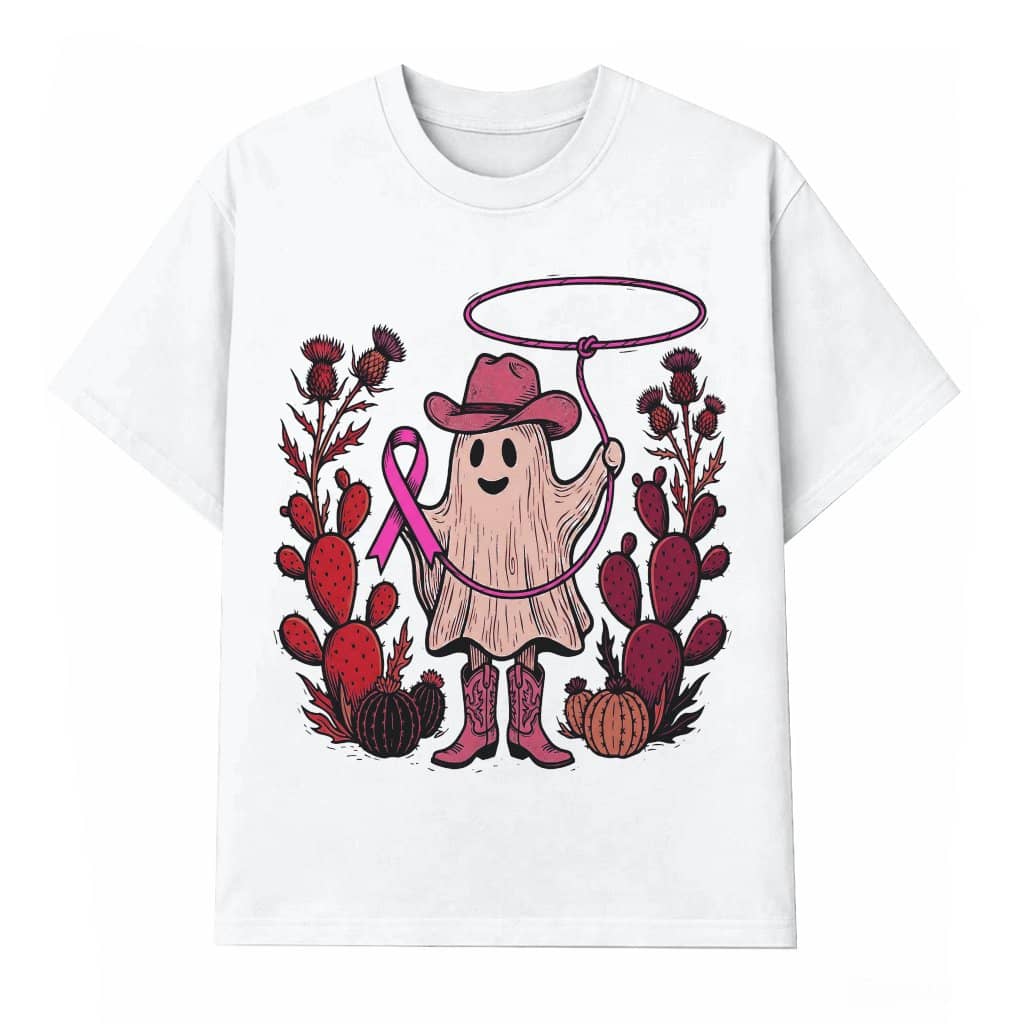 Western Cowgirl Boo Halloween T-shirt| Pink Ribbon Halloween Ghost Gift for Breast Cancer Fighter