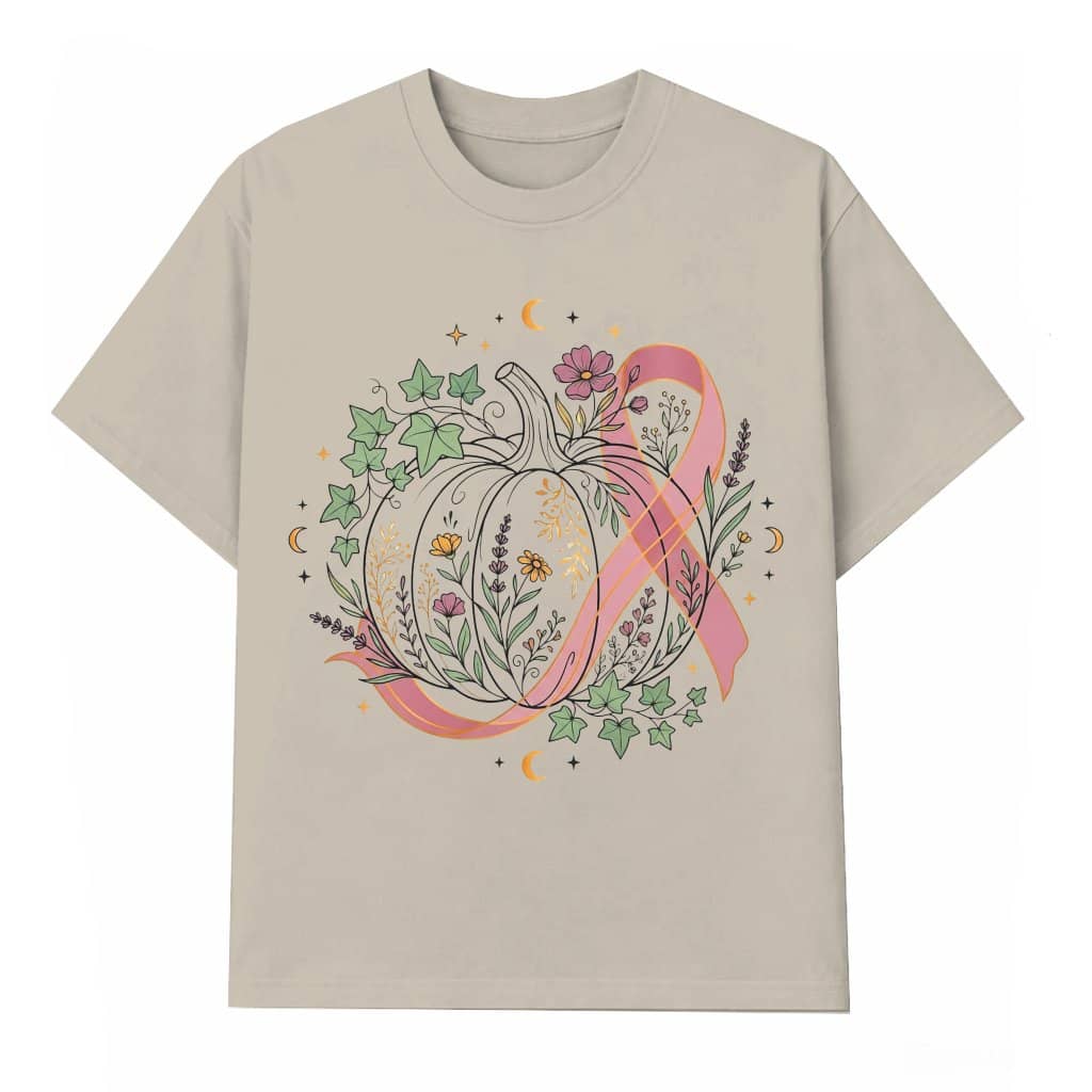 Pink Ribbon Fall Pumpkin Breast Cancer Awareness T-shirt | Funny Halloween Gift for Women