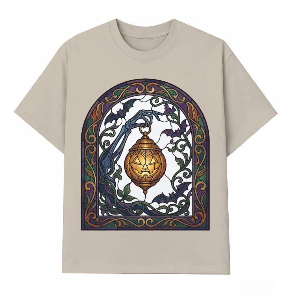 Stained Glass Lantern Skeleton Hand Gothic Halloween T-shirt | Spooky Season Gift for Her