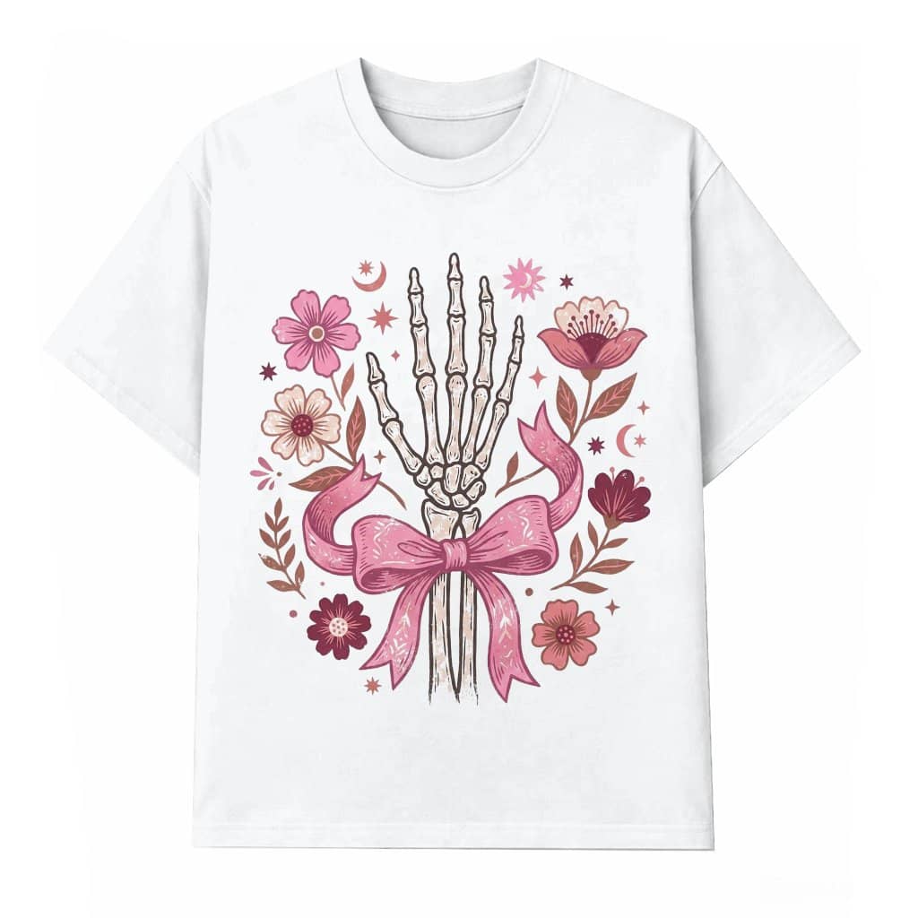 Skeleton Hand Pink Bow Breast Cancer Awareness T-shirt| Pink Halloween Gift for Her