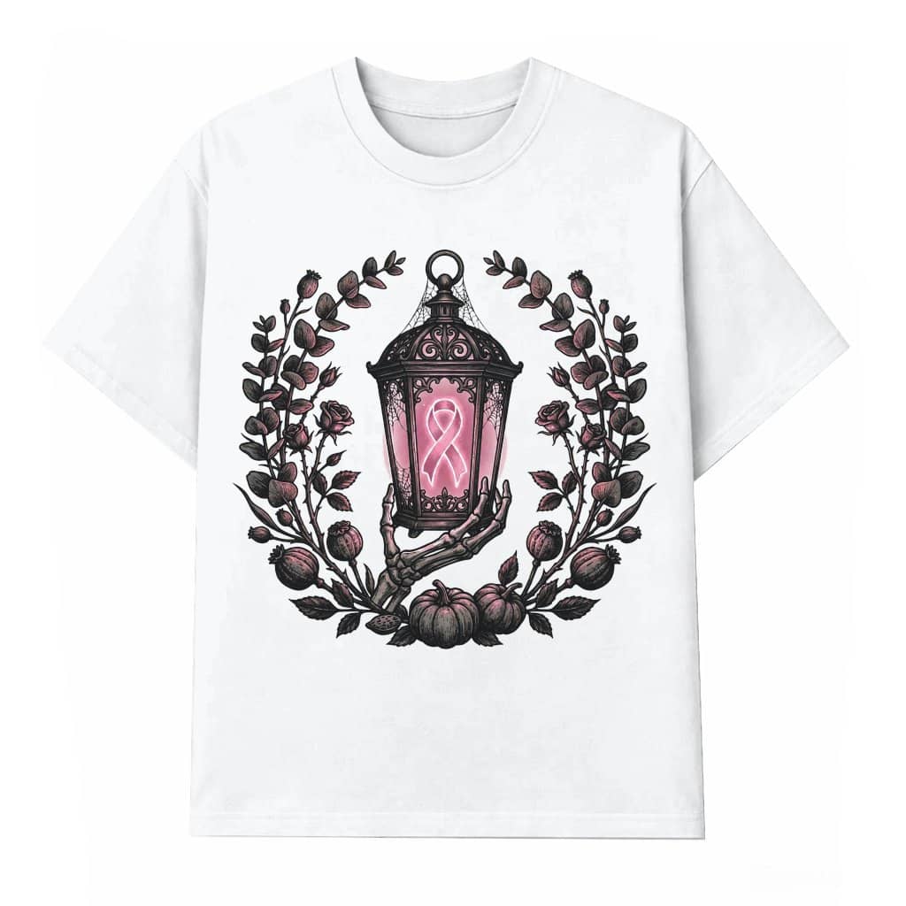 Gothic Pink Ribbon Lantern Breast Cancer Awareness T-shirt| Halloween Gift for Breast Cancer Fighter