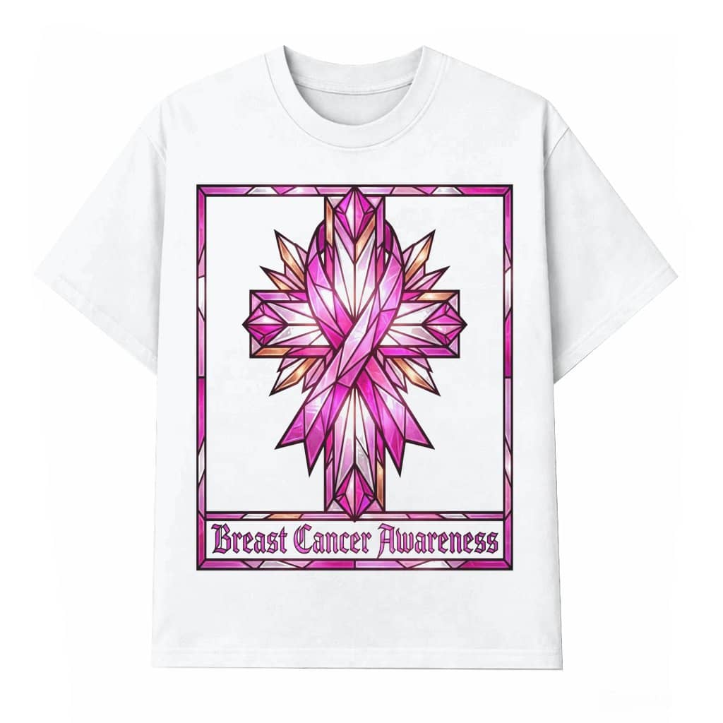 Pink Ribbon Crystal Cross Breast Cancer Awareness T-shirt| Christian Faith Gift for Breast Cancer Survivor
