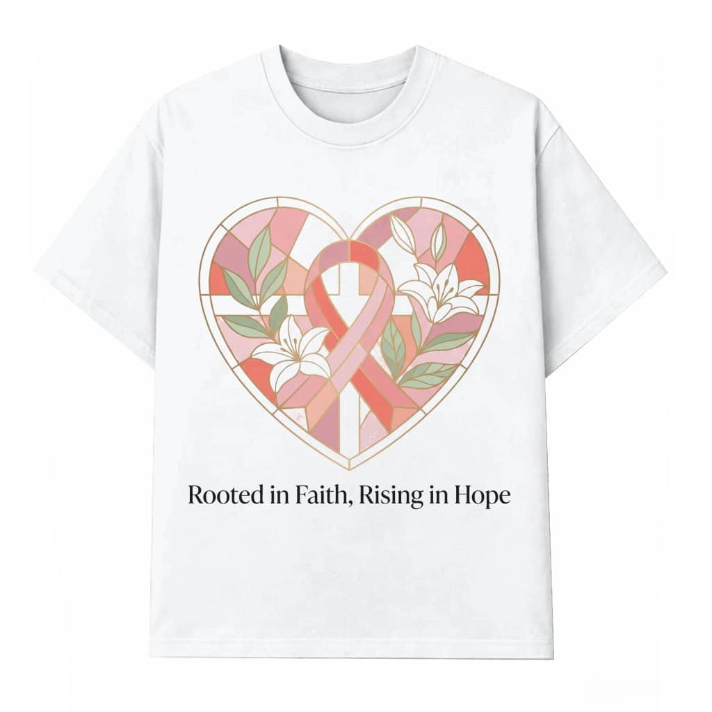 Rooted In Faith Rising In Hope Pink Ribbon T-shirt | Floral Heart Breast Cancer Survivor Gift for Her