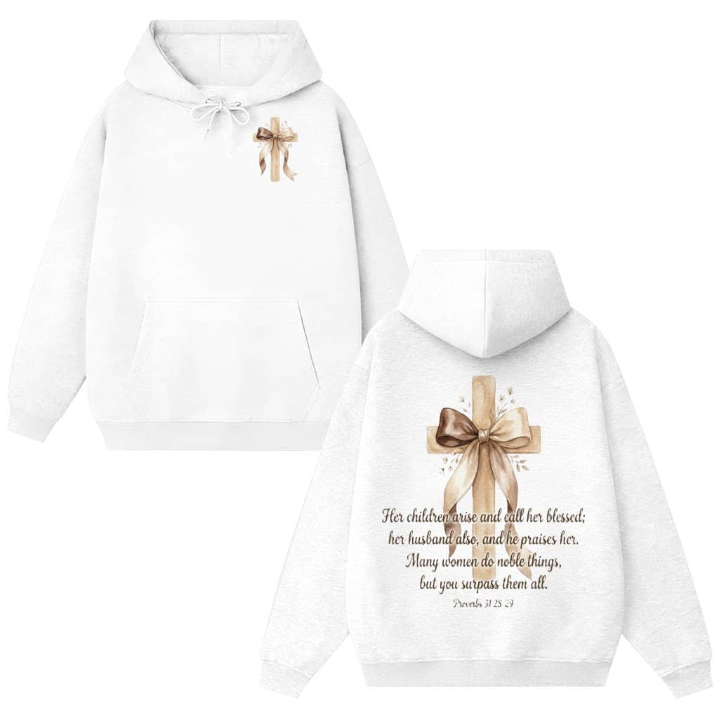 Proverbs 31:28-29 Christian Cross Hoodie – Mother's Day Gift for Mom Wife Scripture Art