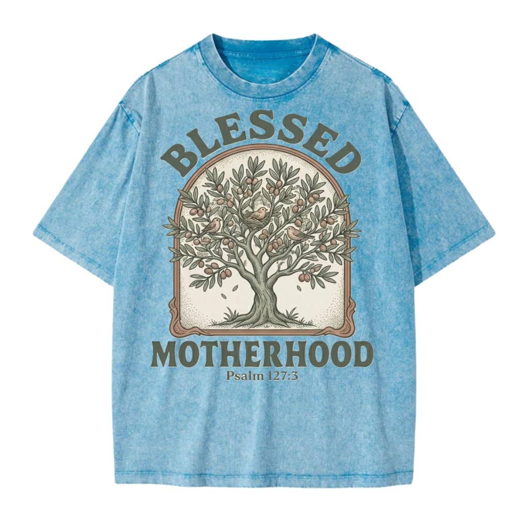 Blessed Motherhood Psalm 127:3 Graphic - Vintage Olive Tree and Birds Art - Christian Mother’s Day Religious Scripture Design - Wash tee