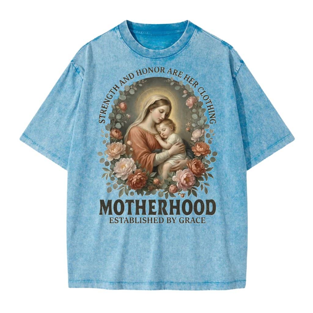 Motherhood Established by Grace Wash Tee – Vintage Christian Motherhood Gift