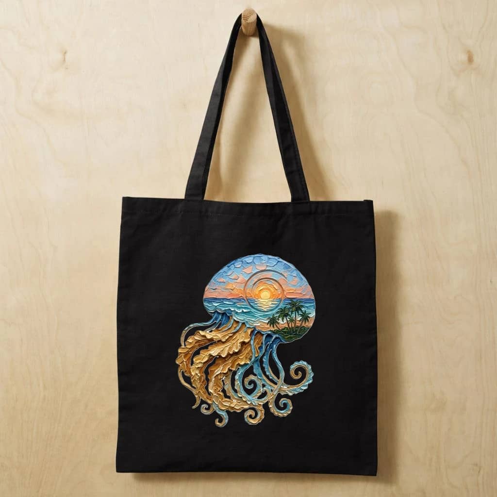 Jellyfish Ocean Landscape Cotton Tote Bag, Eco-Friendly Summer Beach Reusable Bag