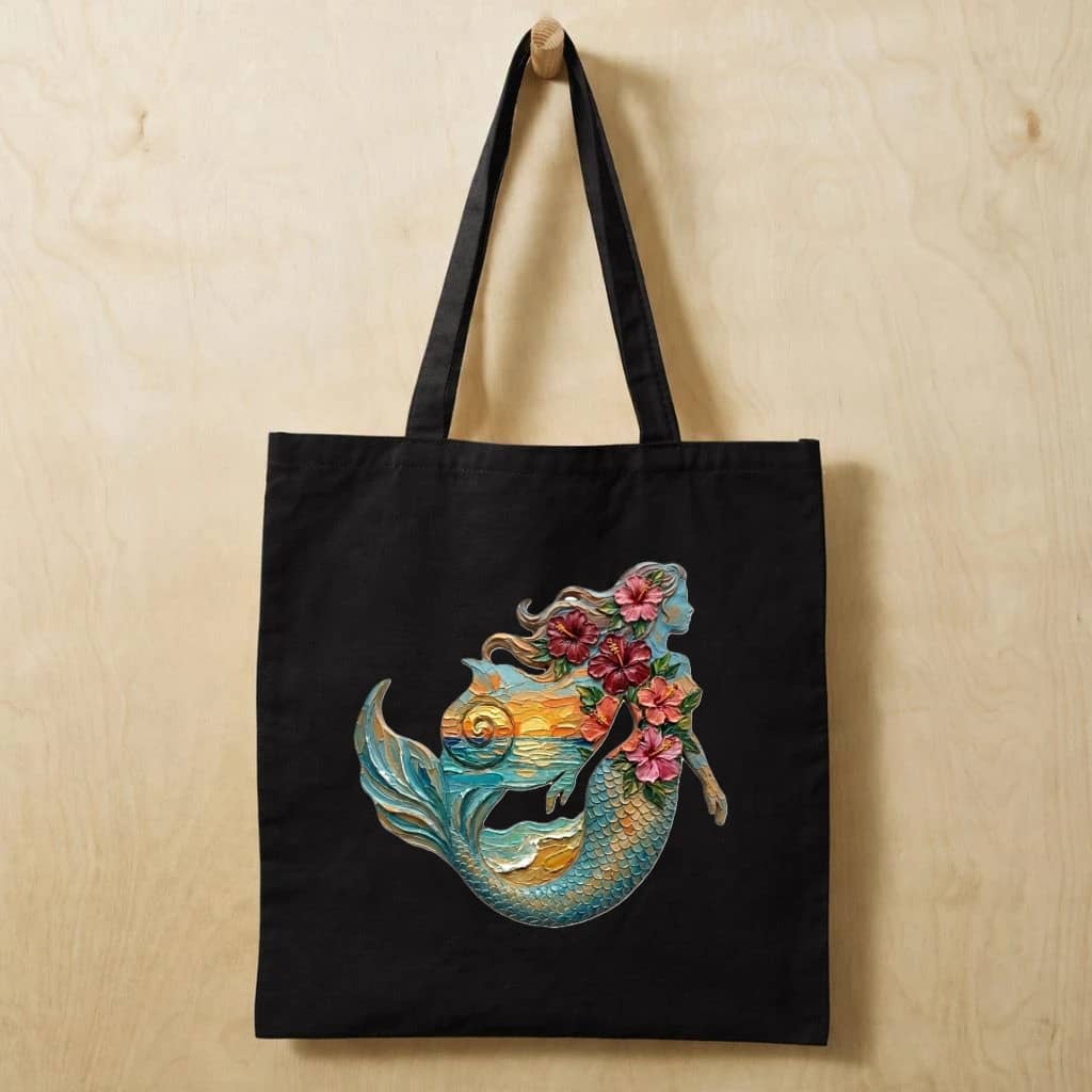Mermaid Hibiscus Flower Cotton Tote Bag, Aesthetic Reusable Canvas Beach Bag