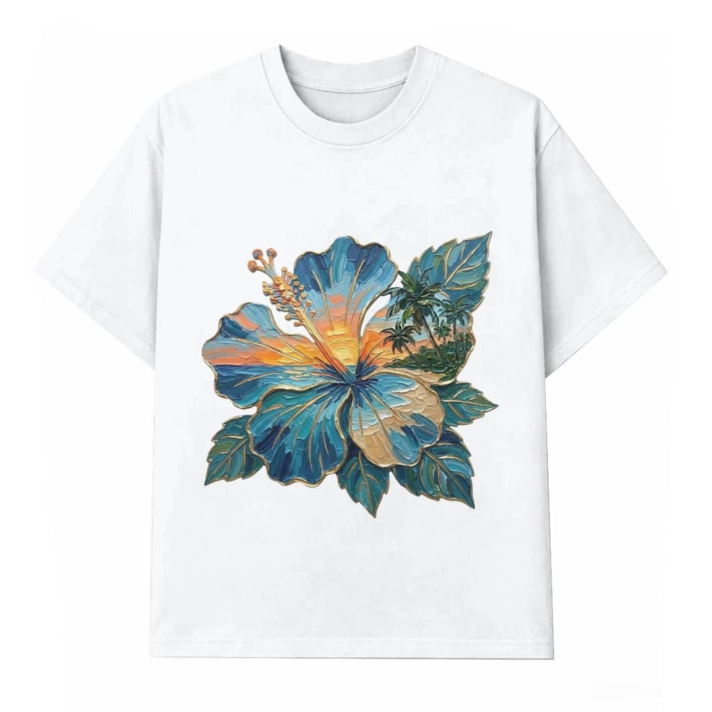 Blue Hibiscus Beach Sunset Oil Painting T-Shirt, Tropical Ocean Art Graphic Tee