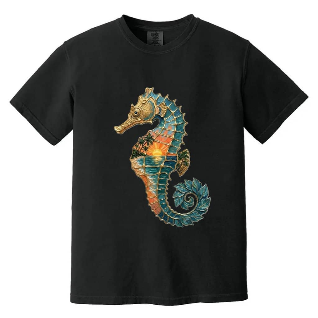 Comfort Colors Seahorse Sunset Shirt, Premium Cotton Tropical Sea Life Nature Tee