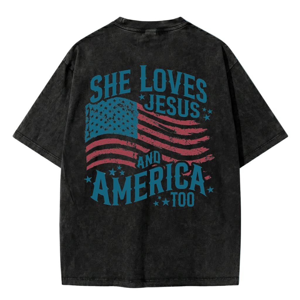 Vintage Wash She Loves Jesus T-Shirt - Distressed Patriotic Faith Shirt