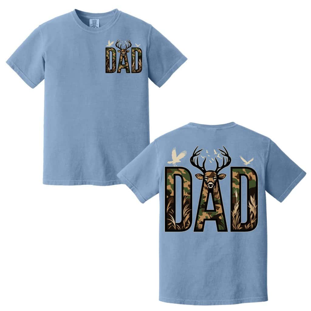 Hunting Dad Deer Graphic Tee Shirt Birthday Present for Him Camouflage Nature Art image
