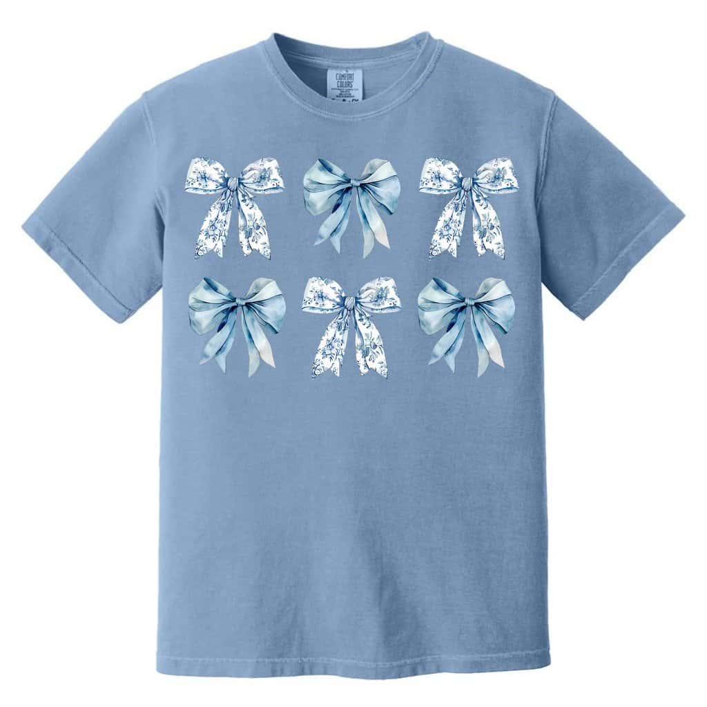 Vintage Blue Toile Floral Bows Premium Comfort Colors Tee Spring Summer Outfit for Her Preppy Coquette Aesthetic image