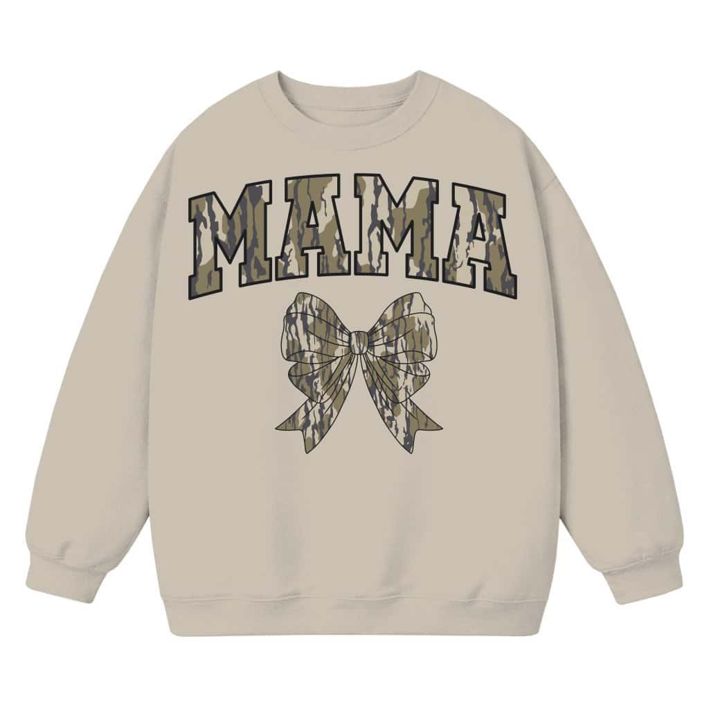Camo MAMA Coquette Bow Sweatshirt | Trendy Sand Crewneck for Moms | Aesthetic Woodland Camouflage Mother's Day Gift image