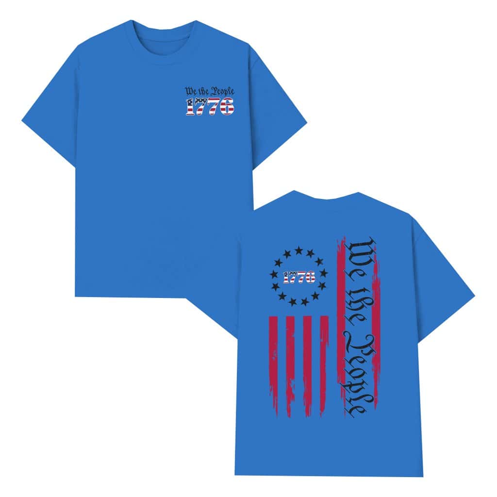 Retro 1776 We The People Men's T-Shirt | Distressed American Flag Back Print Tee | Proud Patriotic 4th of July Graphic Shirt image