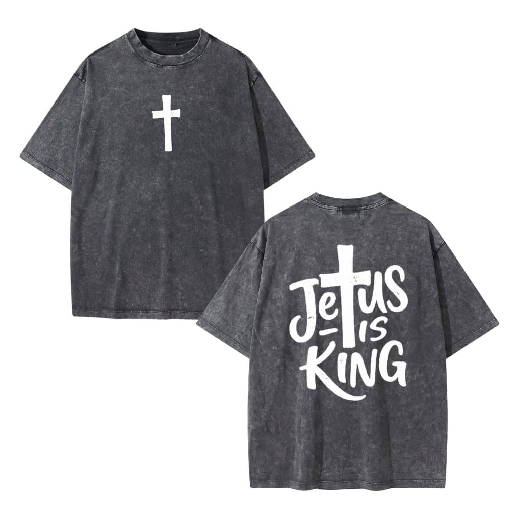 Jesus Is King Christian Cross Wash Tee – Christian Gift for Men Women Vintage Minimal