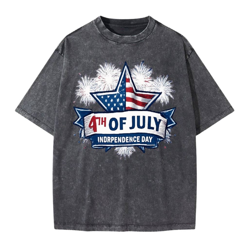 Retro USA Flag Fireworks Patriotic Wash Tee – 4th of July Gift for Men Women