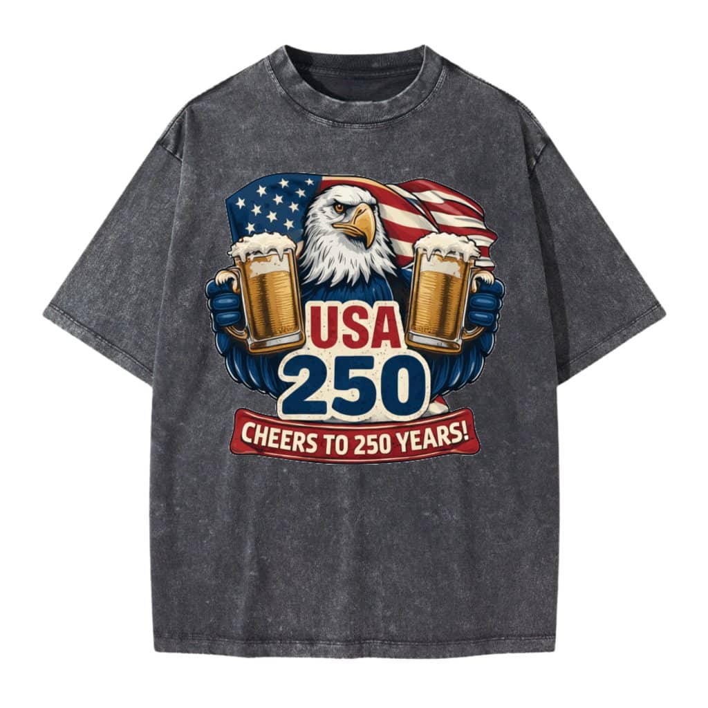 USA 250 Cheers Eagle Wash Tee – 4th of July Patriotic Beer Gift