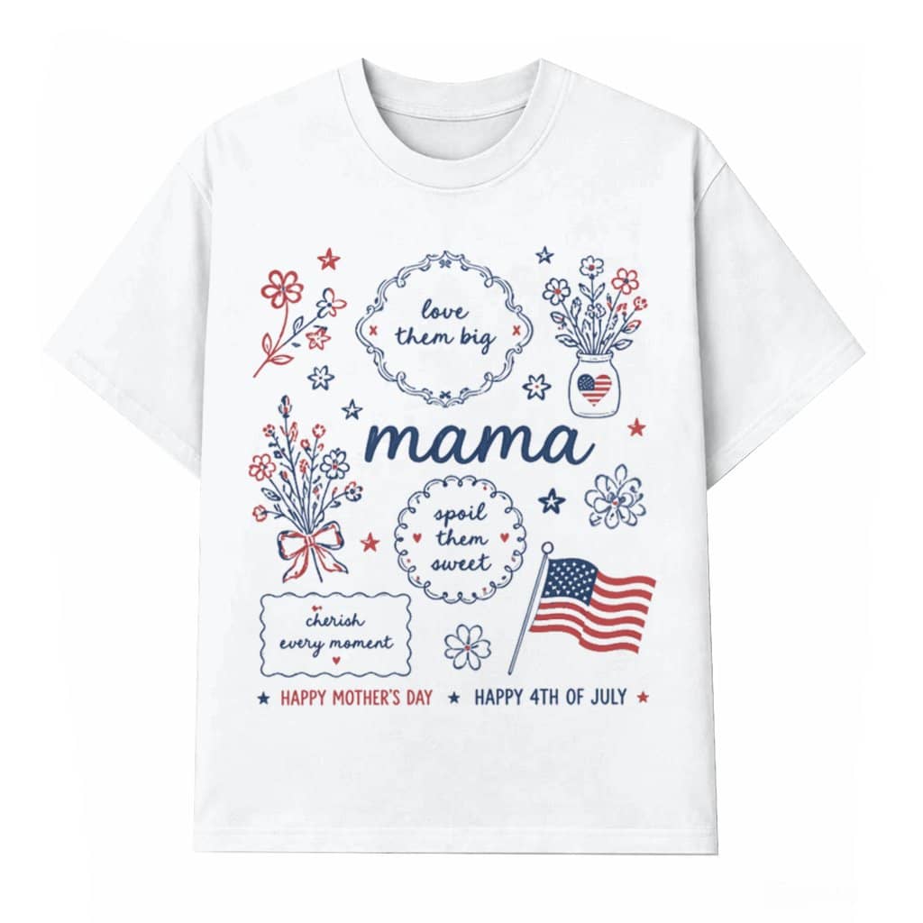 Mama Floral Graphic Tee – Mother’s Day & 4th of July Gift for Mom, Patriotic Flower Line Art Design - T-shirt