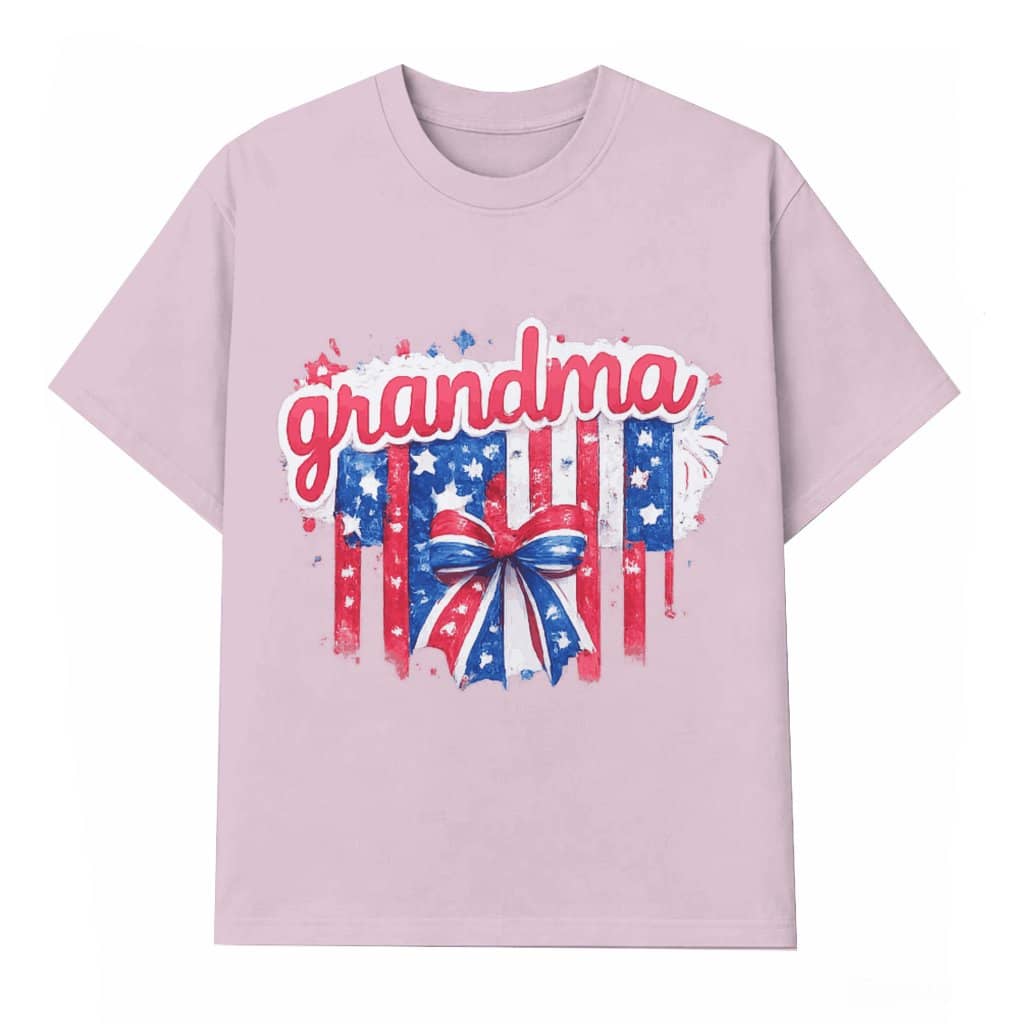 Coquette Bow Grandma Tee – Mother’s Day & 4th of July 2026 Gift for Grandma, Pink Preppy USA Family Design