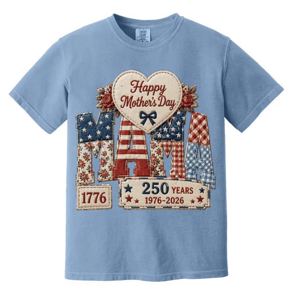 Comfort Colors Vintage Patchwork Mama Graphic Tee – Mother’s Day & 4th of July 250 Years Patriotic Gift for Mom