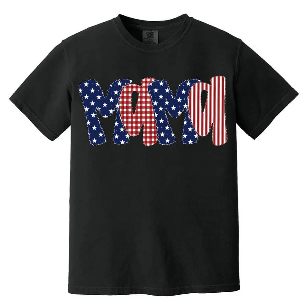 Comfort Colors Patriotic Patchwork Mama Graphic Tee – USA Flag 4th of July, Independence Day Gift for Mom