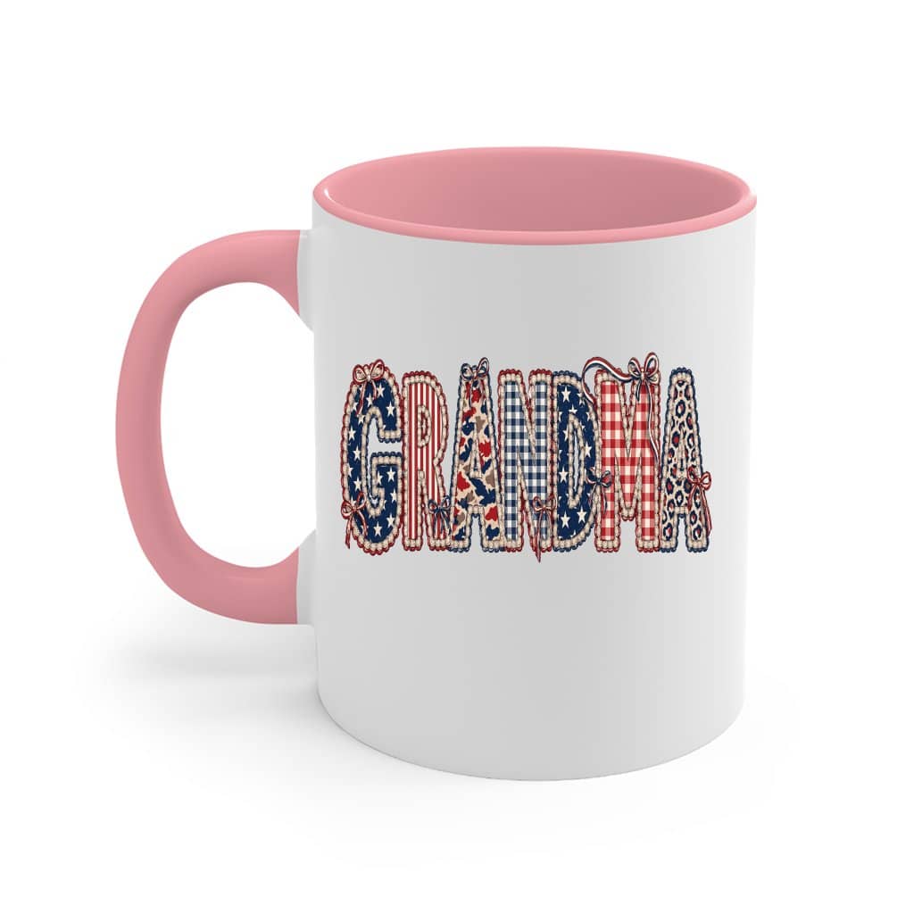 Coquette Patchwork Grandma Graphic Accent Mug – 4th of July Patriotic Gift for Grandma, Vintage USA Flag Bow Western Style, Preppy Nana Gift