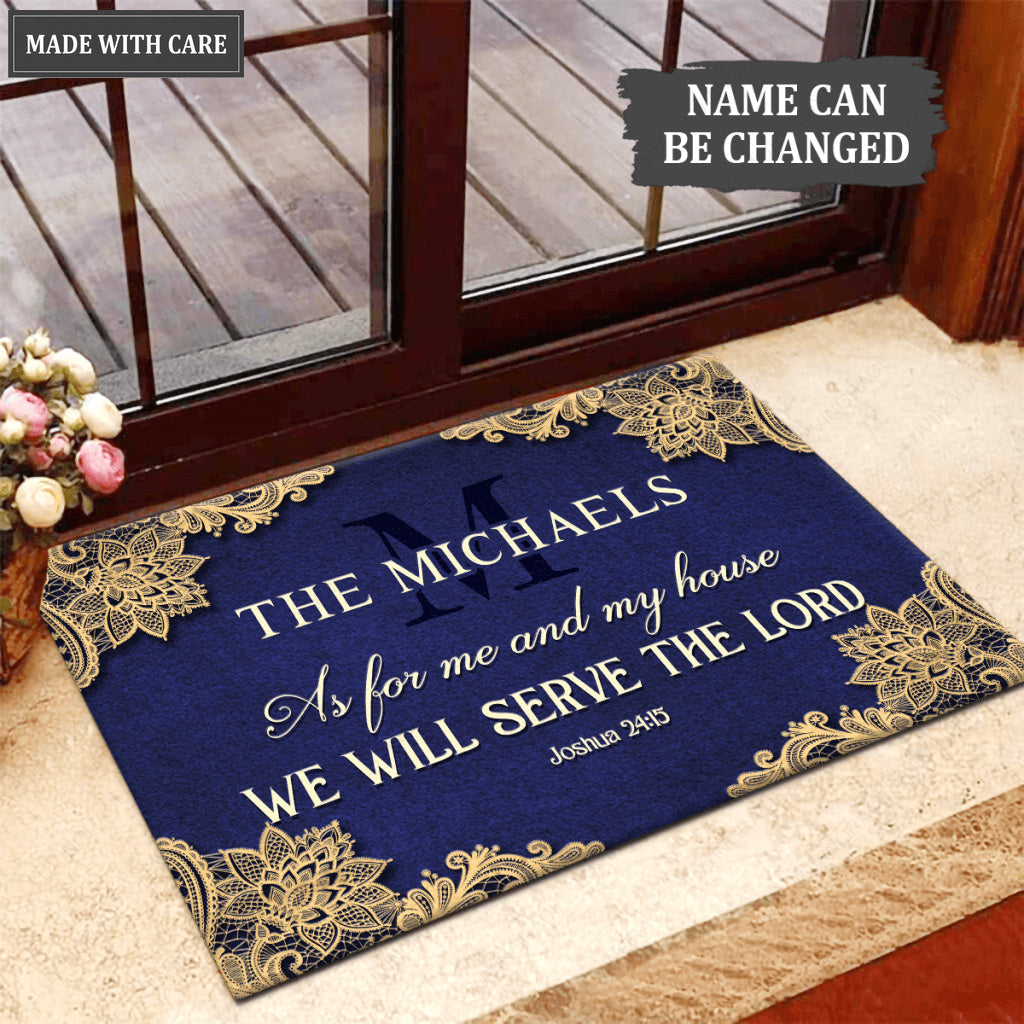 Elegant Floral Lace Royal Blue Serve The Lord Personalized Doormat
