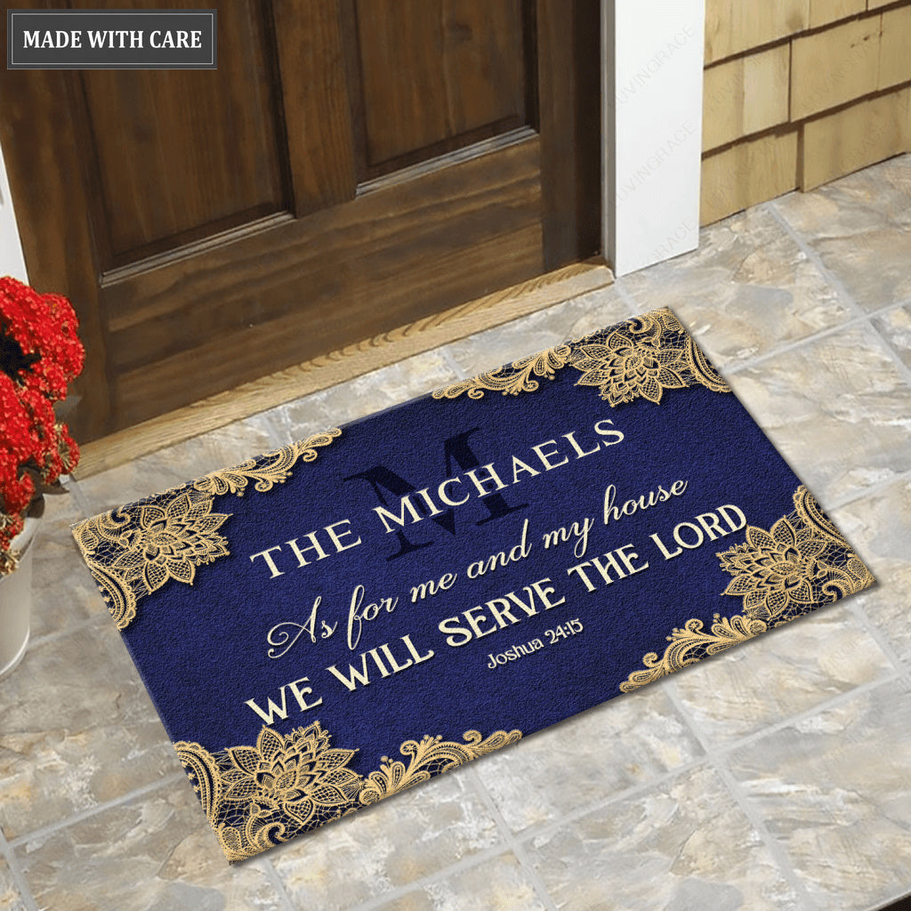 Elegant Floral Lace Royal Blue Serve The Lord Personalized Doormat