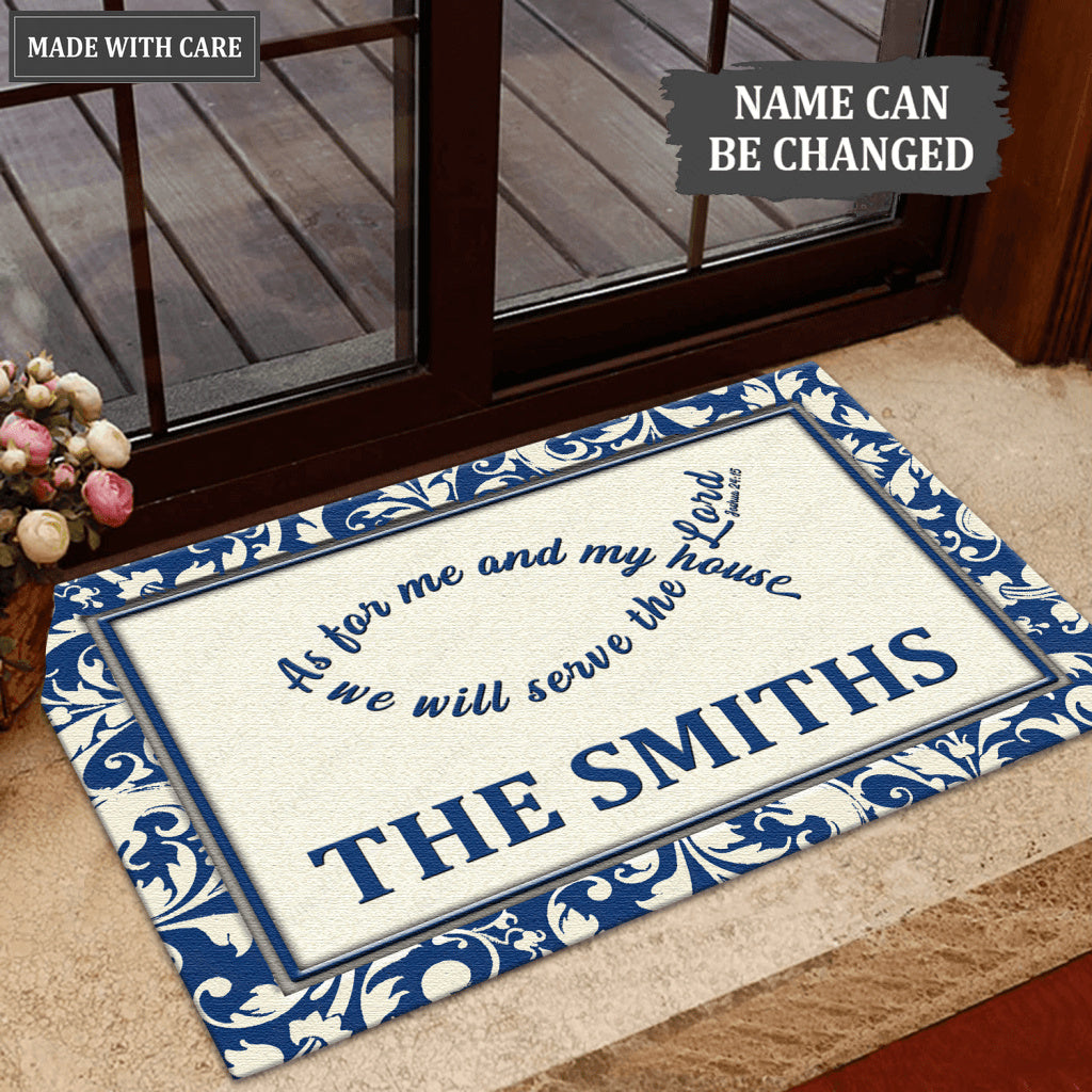 Navy Blue and Silver Serve The Lord Personalized Doormat