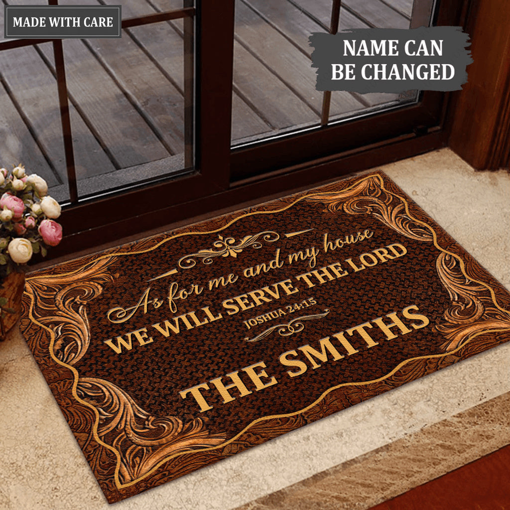Vintage Floral Border Serve The Lord Personalized Doormat