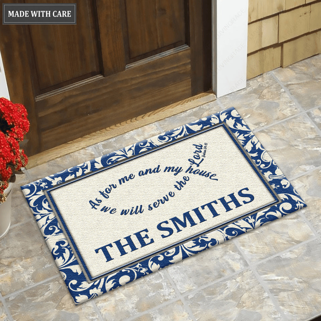 Navy Blue and Silver Serve The Lord Personalized Doormat