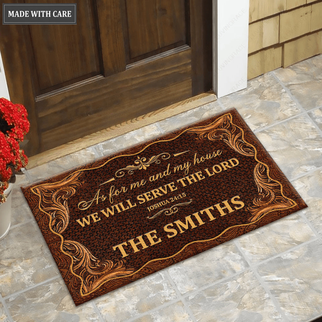 Vintage Floral Border Serve The Lord Personalized Doormat
