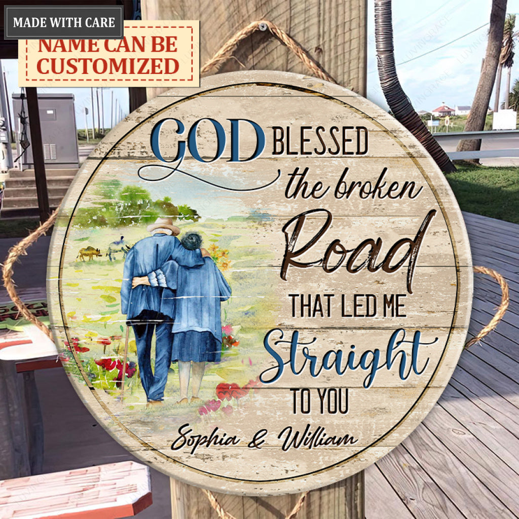 Personalized Old Couple Blessed By God Wood Circle Sign