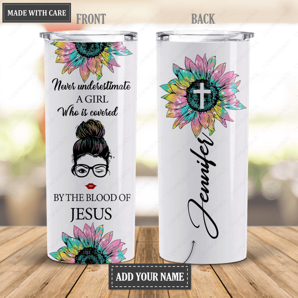 Personalized Covered by the blood of Jesus skinny tumbler