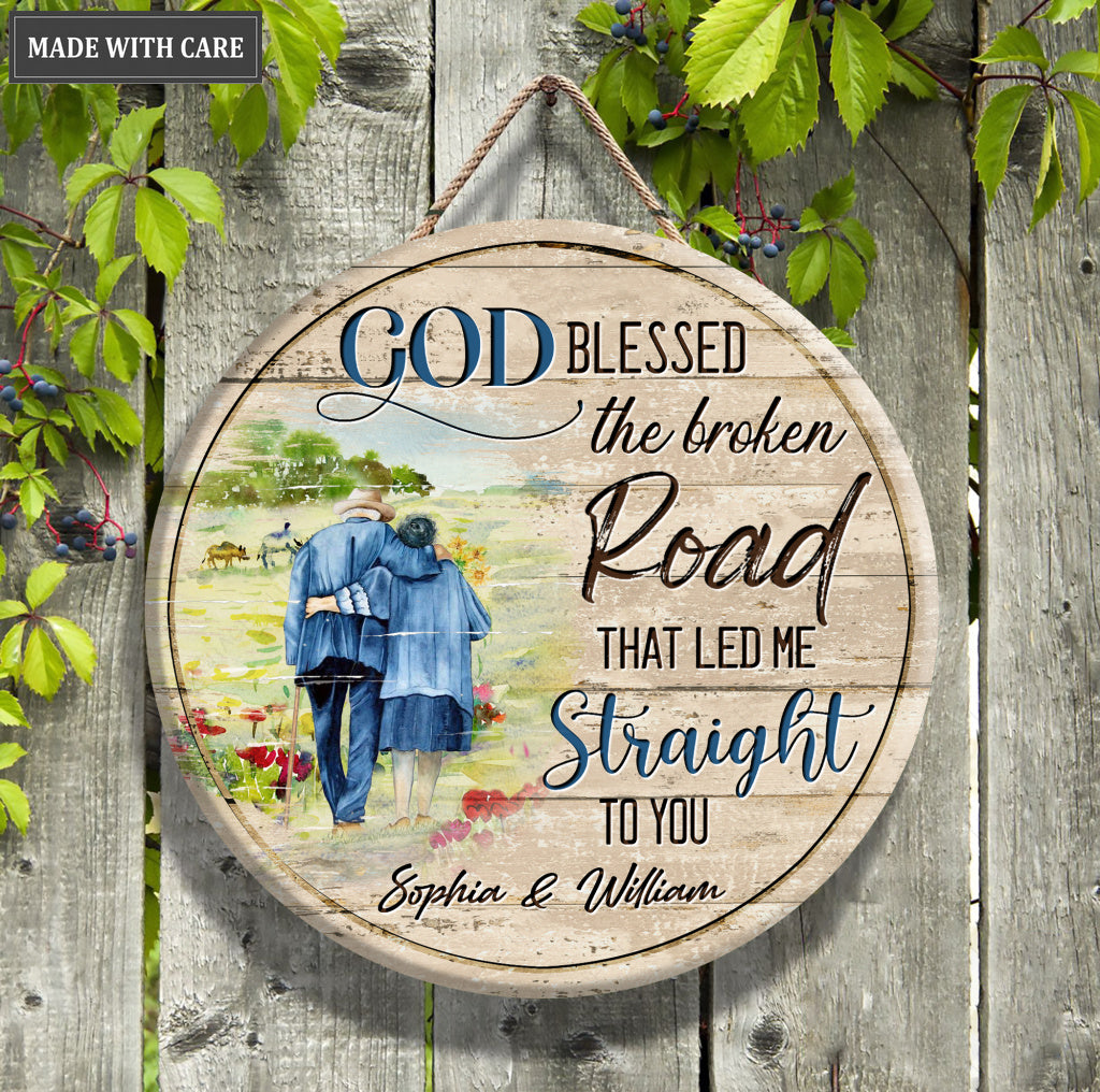 Personalized Old Couple Blessed By God Wood Circle Sign
