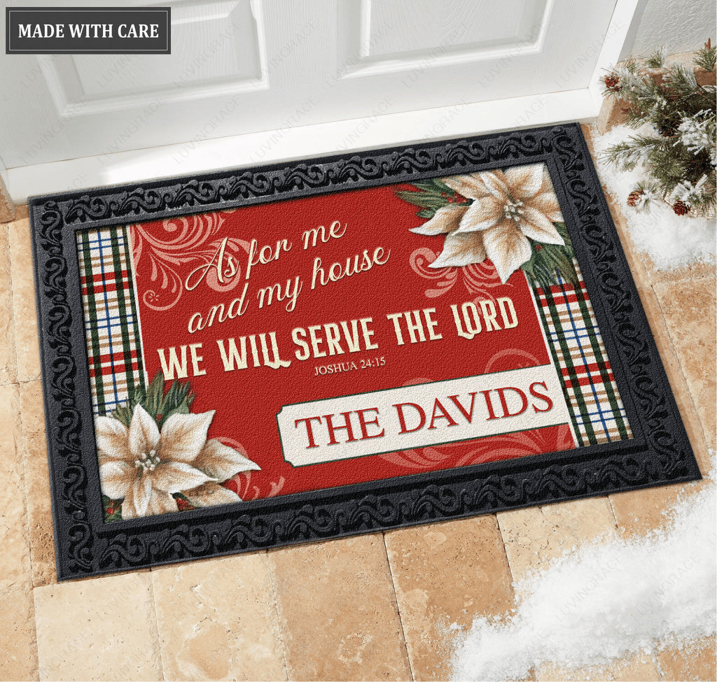 Christmas Poinsettia Serve The Lord Personalized Doormat