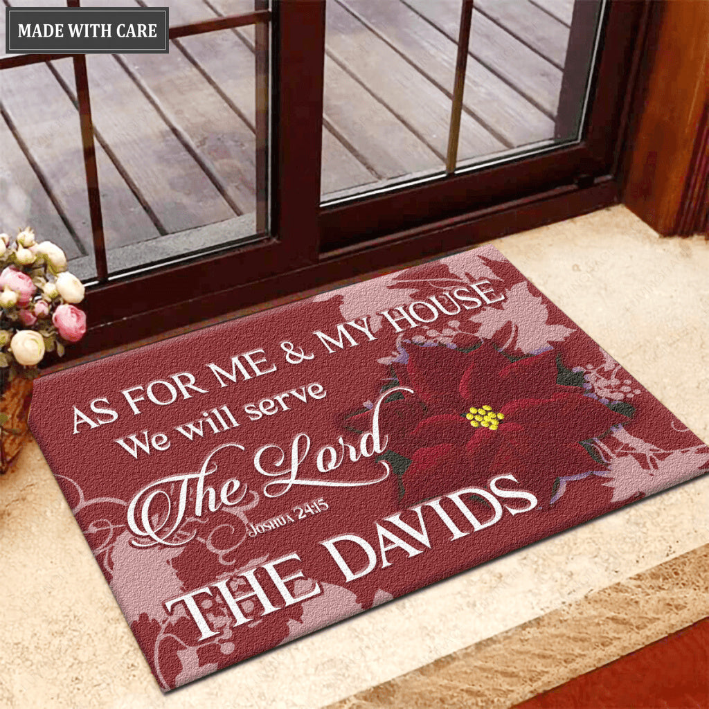 Poinsettia Serve The Lord Personalized Doormat
