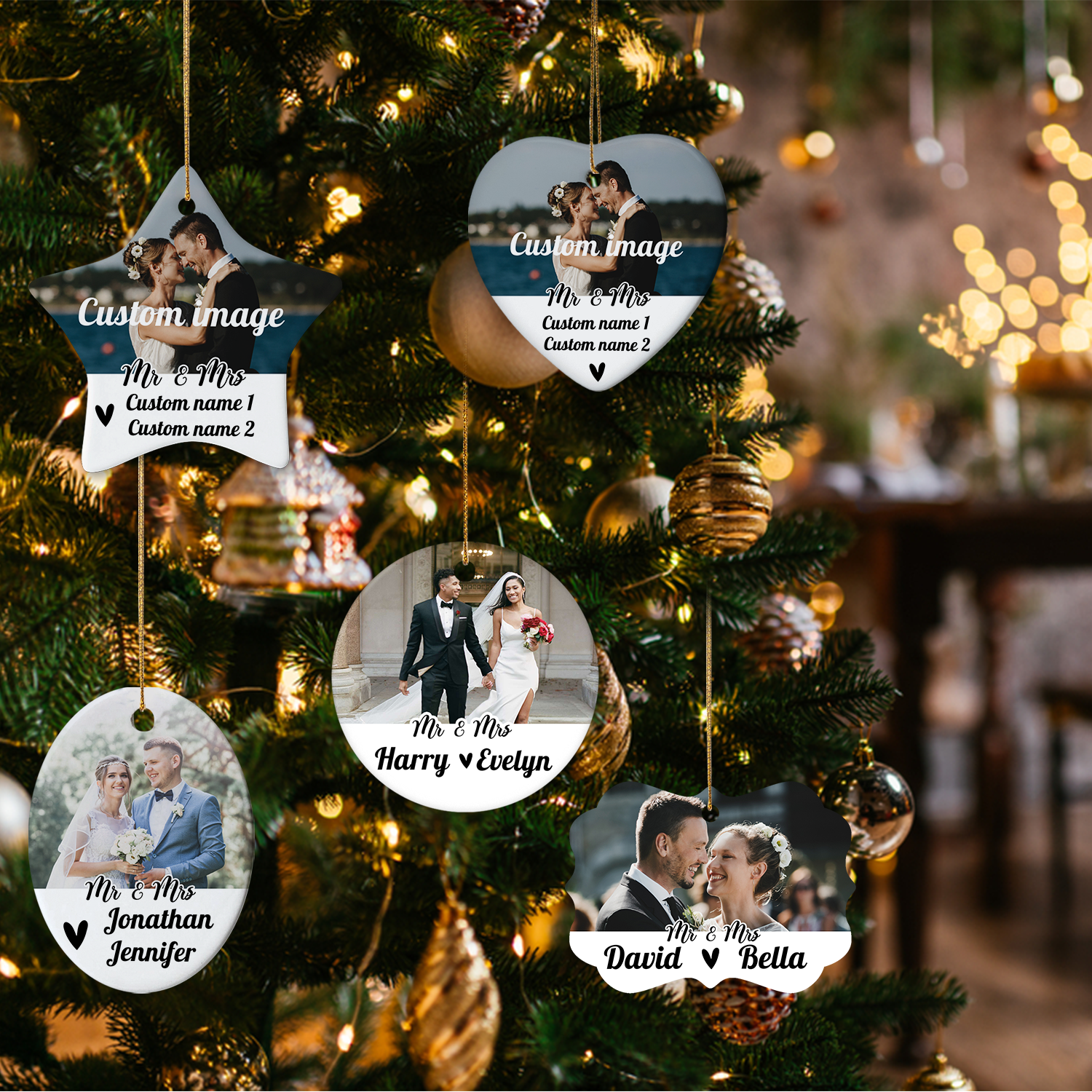 Custom Wedding Gifts for Couple Mr & Mrs Ornament with Photo - Personalized Ceramic Picture Car Pendant Decor