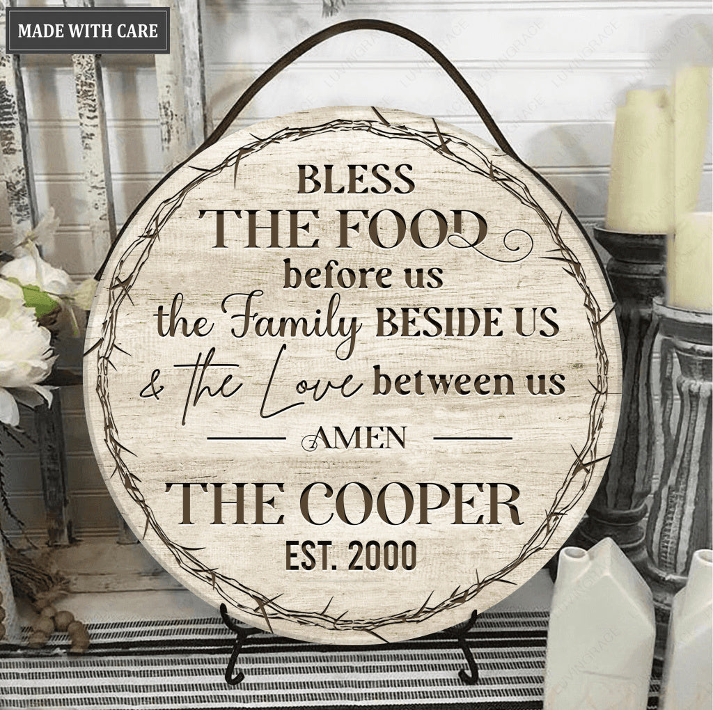 Personalized Bless The Food Family Love Wood Circle Sign