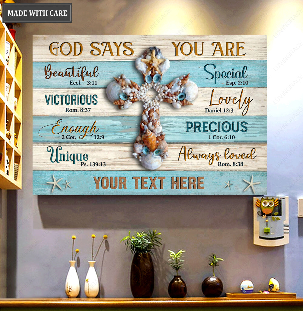Seashell Cross God Says You Are Personalized Wall Art