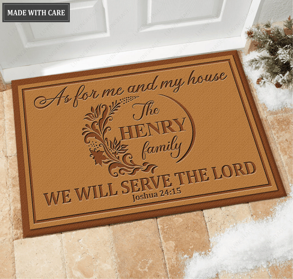 Personalized Floral Family Name Serve The Lord Doormat