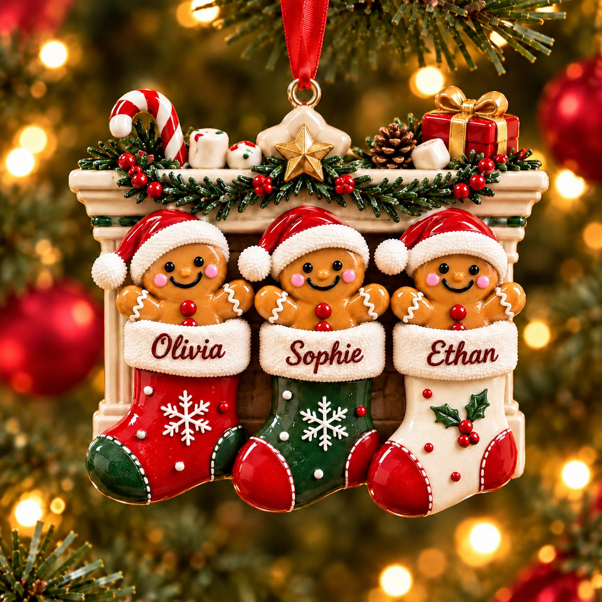 Personalized Gingerbread Christmas Stocking Ornament – Custom Names, Christmas Gift