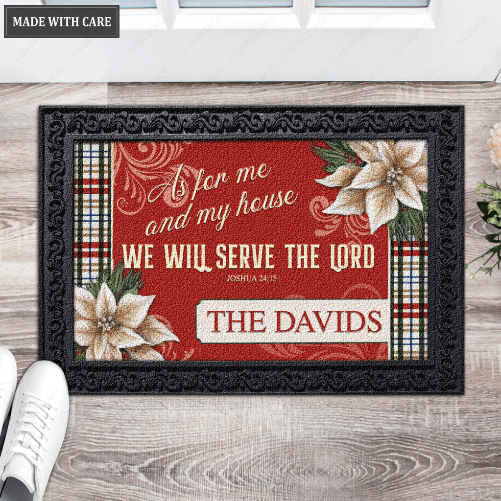 Christmas Poinsettia Serve The Lord Personalized Doormat