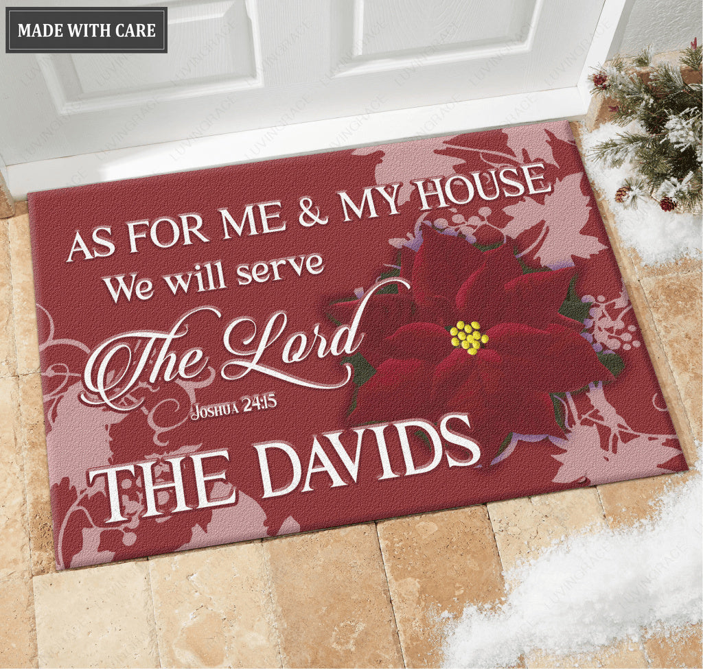 Poinsettia Serve The Lord Personalized Doormat