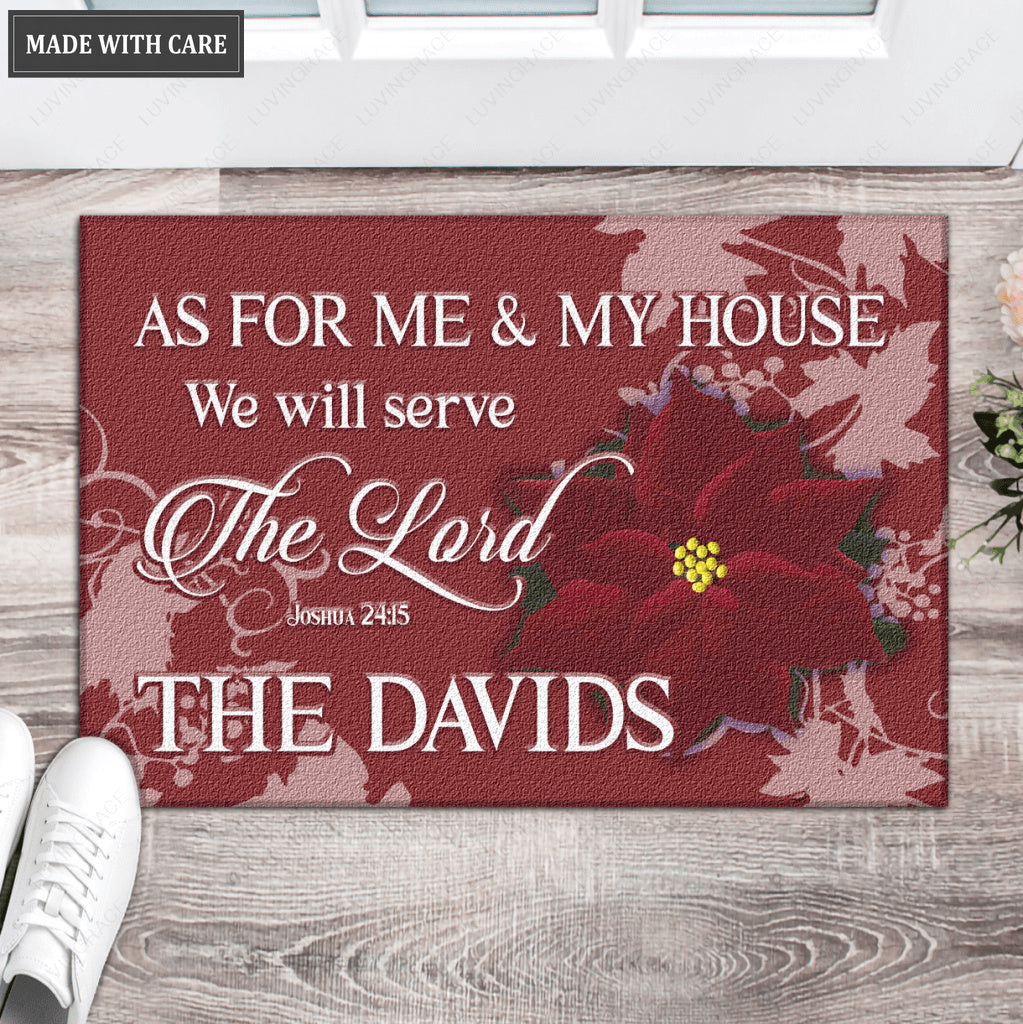 Poinsettia Serve The Lord Personalized Doormat